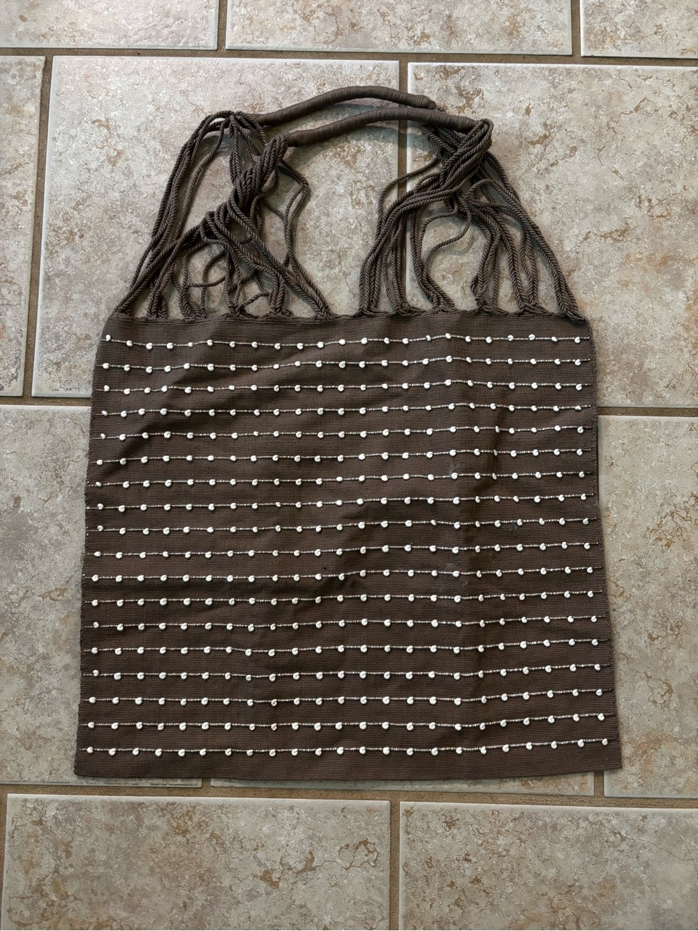 Brown Beaded Fringe Knit Tote Bag